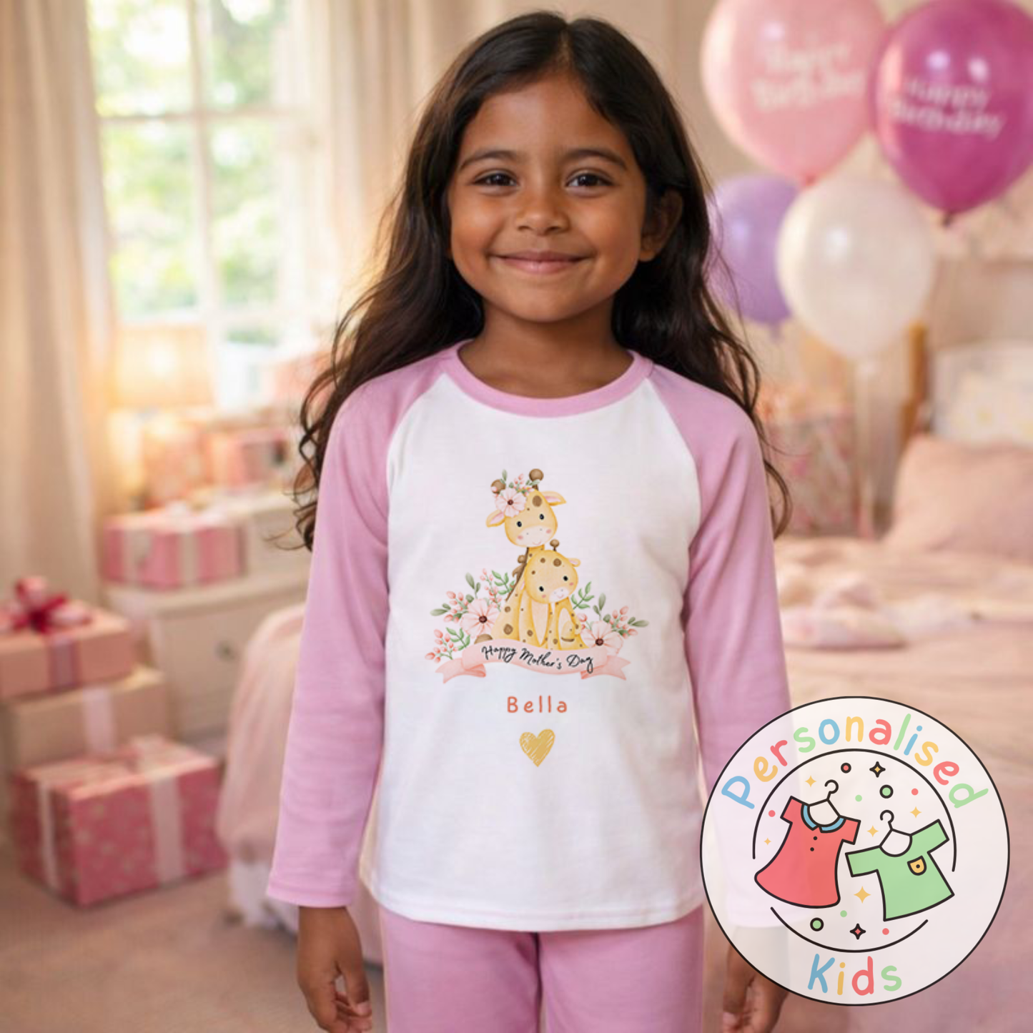 Personalised Mother’s Day Kids Pyjamas | Cute Giraffe Design | Custom Name MD004