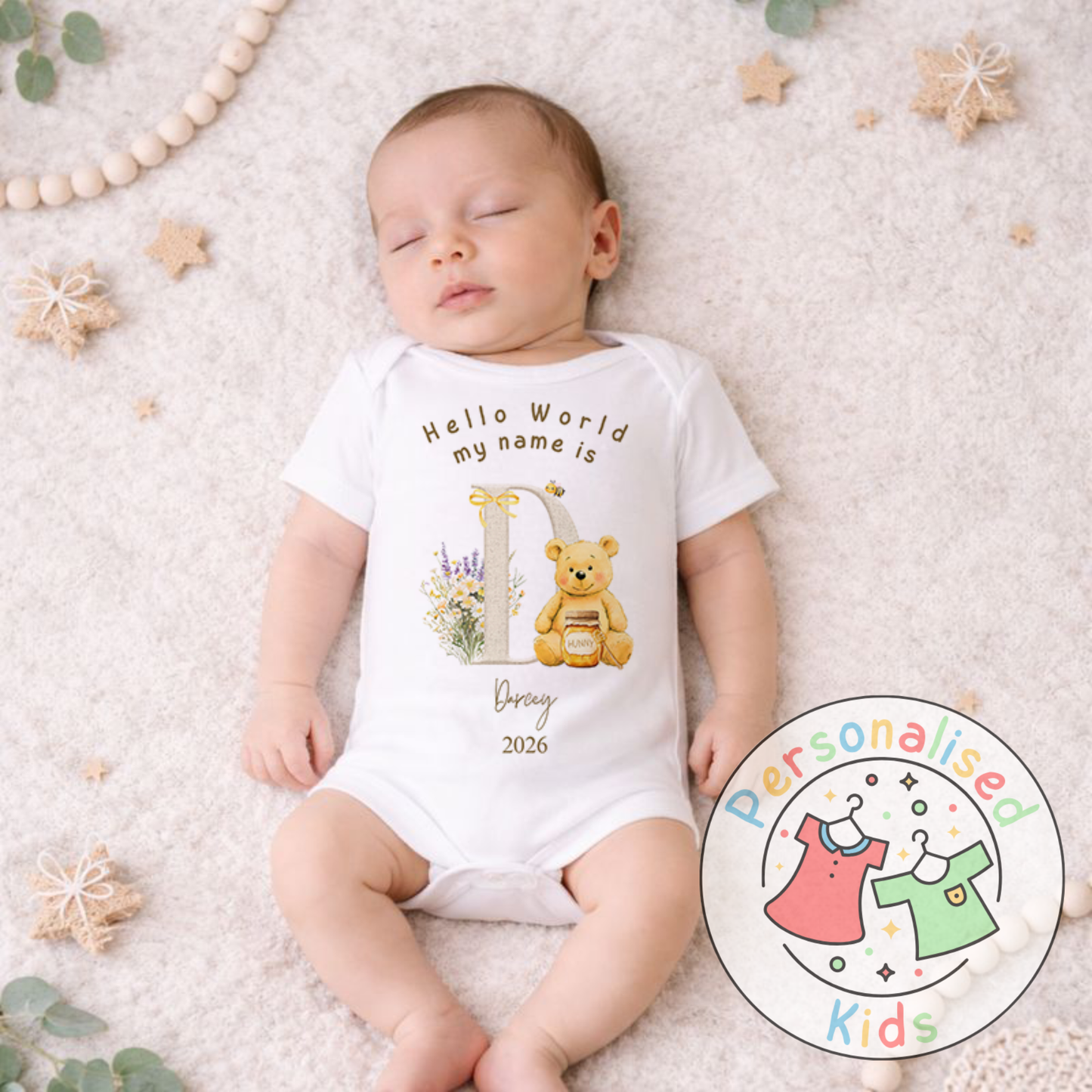 Personalised Hello World Honey Bear Baby Outfit HB002