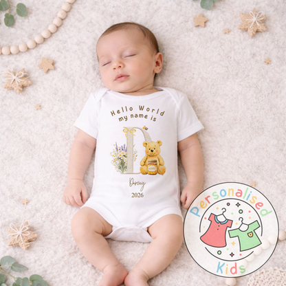 Personalised Hello World Honey Bear Baby Outfit HB002