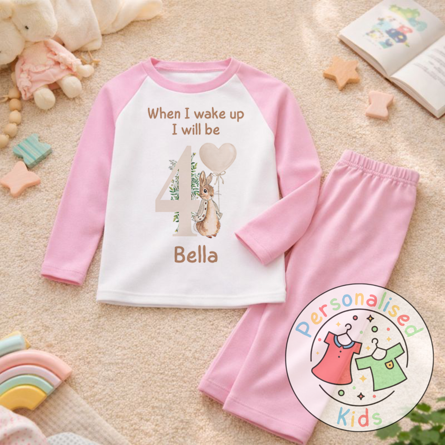 Personalised Neutral Floppy Rabbit Birthday Pyjamas