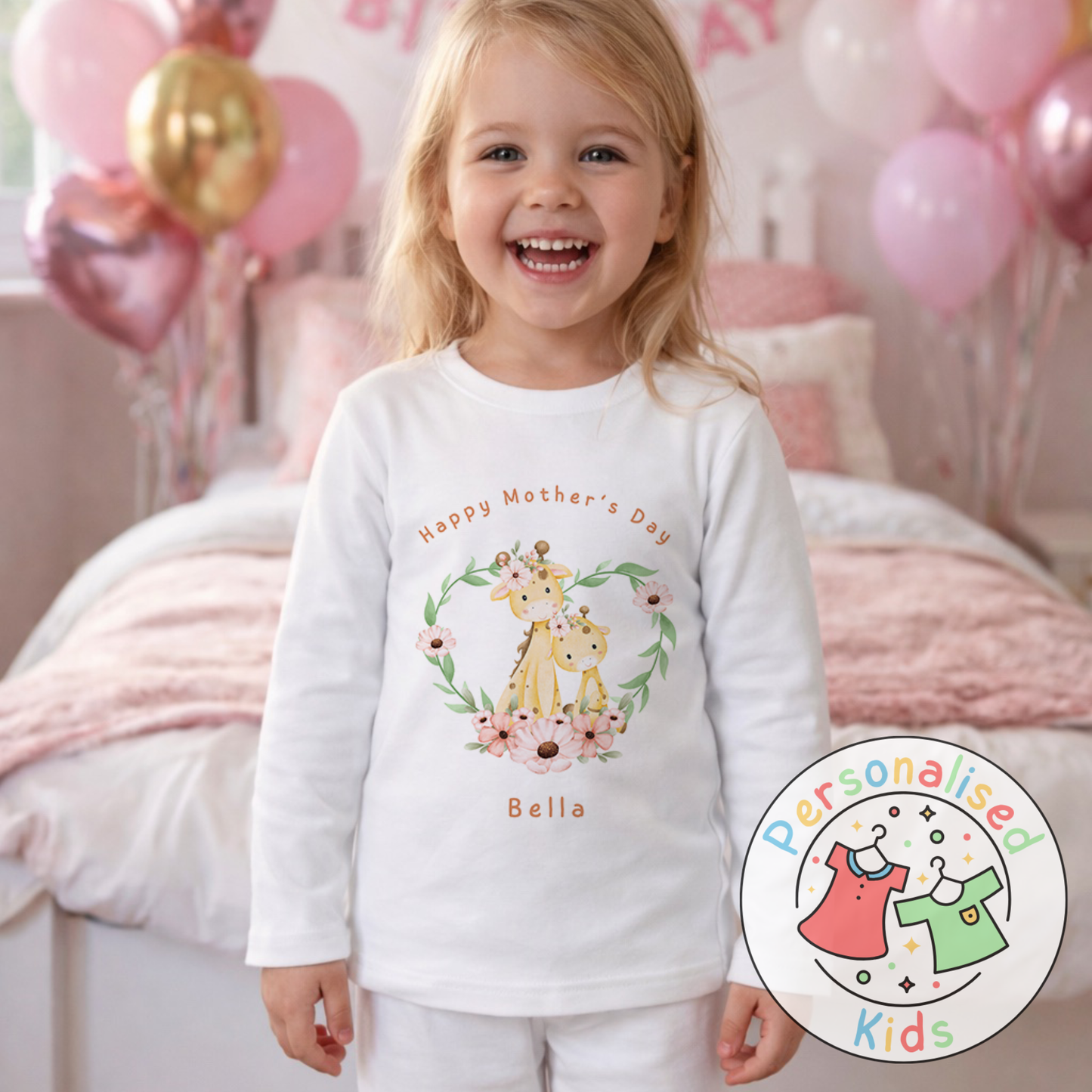 Personalised Mother’s Day Kids Pyjamas – Floral Giraffe | Custom Name | MD005