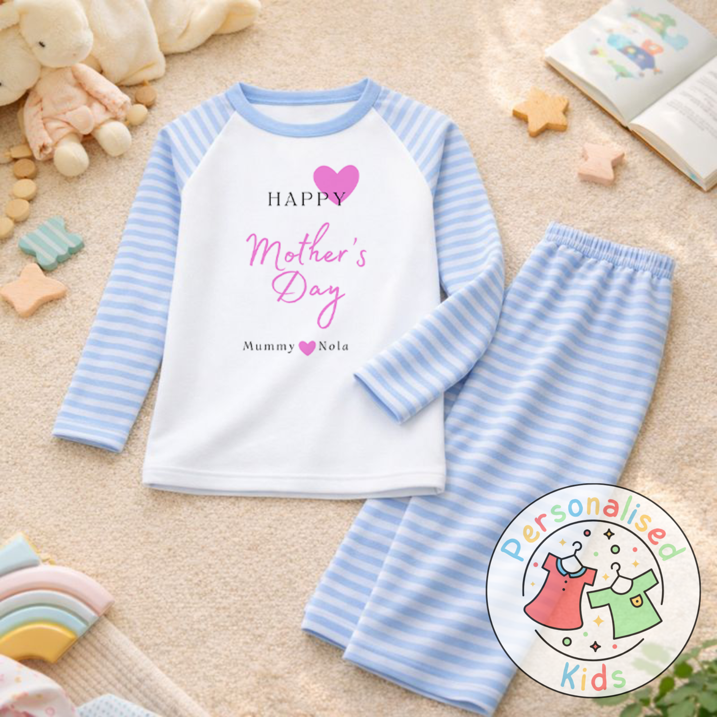 Personalised Mother’s Day Kids Pyjamas | Pink Heart Design | Custom Names MD003