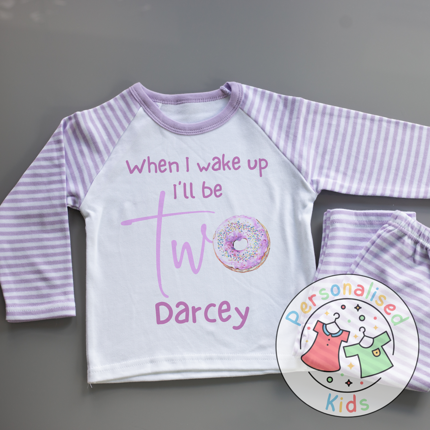 Personalised Donut Second Birthday Pyjamas – “When I Wake Up, I’ll Be Two” Design