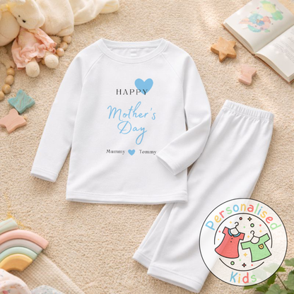 Personalised Mother’s Day Kids Pyjamas | Blue Heart Design | Custom Names MD002