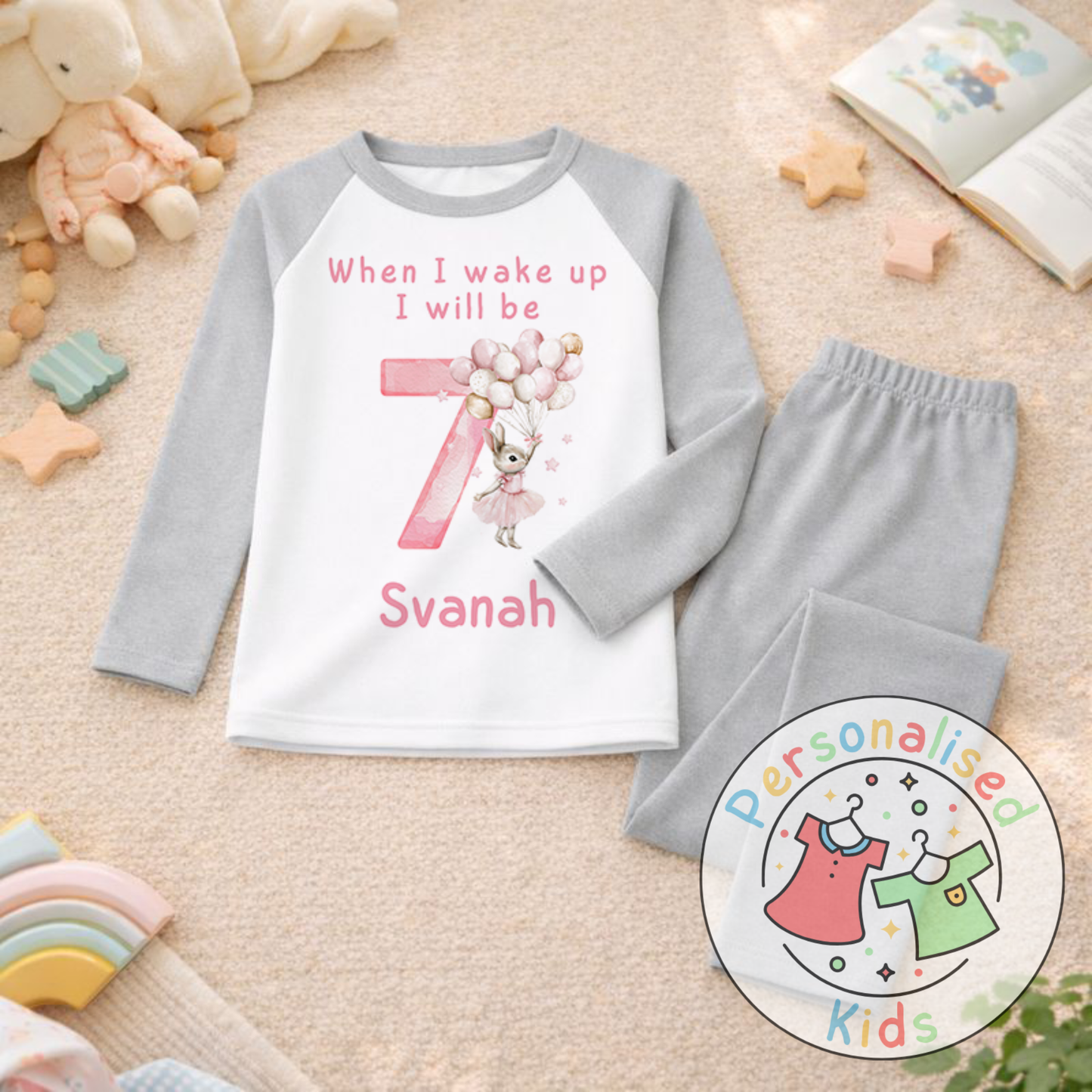 Personalised "When I Wake Up, I Will Be" Pink Floppy Rabbit Birthday Pyjamas – Custom Age & Name
