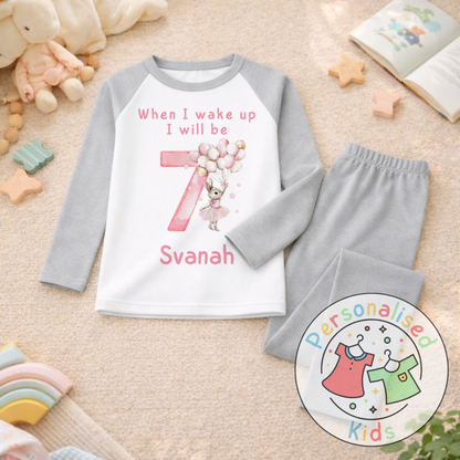 Personalised "When I Wake Up, I Will Be" Pink Floppy Rabbit Birthday Pyjamas – Custom Age & Name