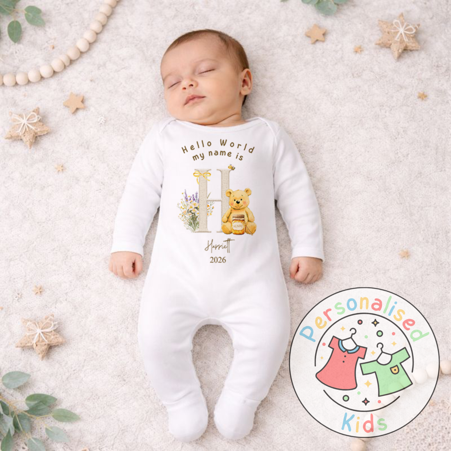 Personalised Hello World Honey Bear Baby Outfit HB002