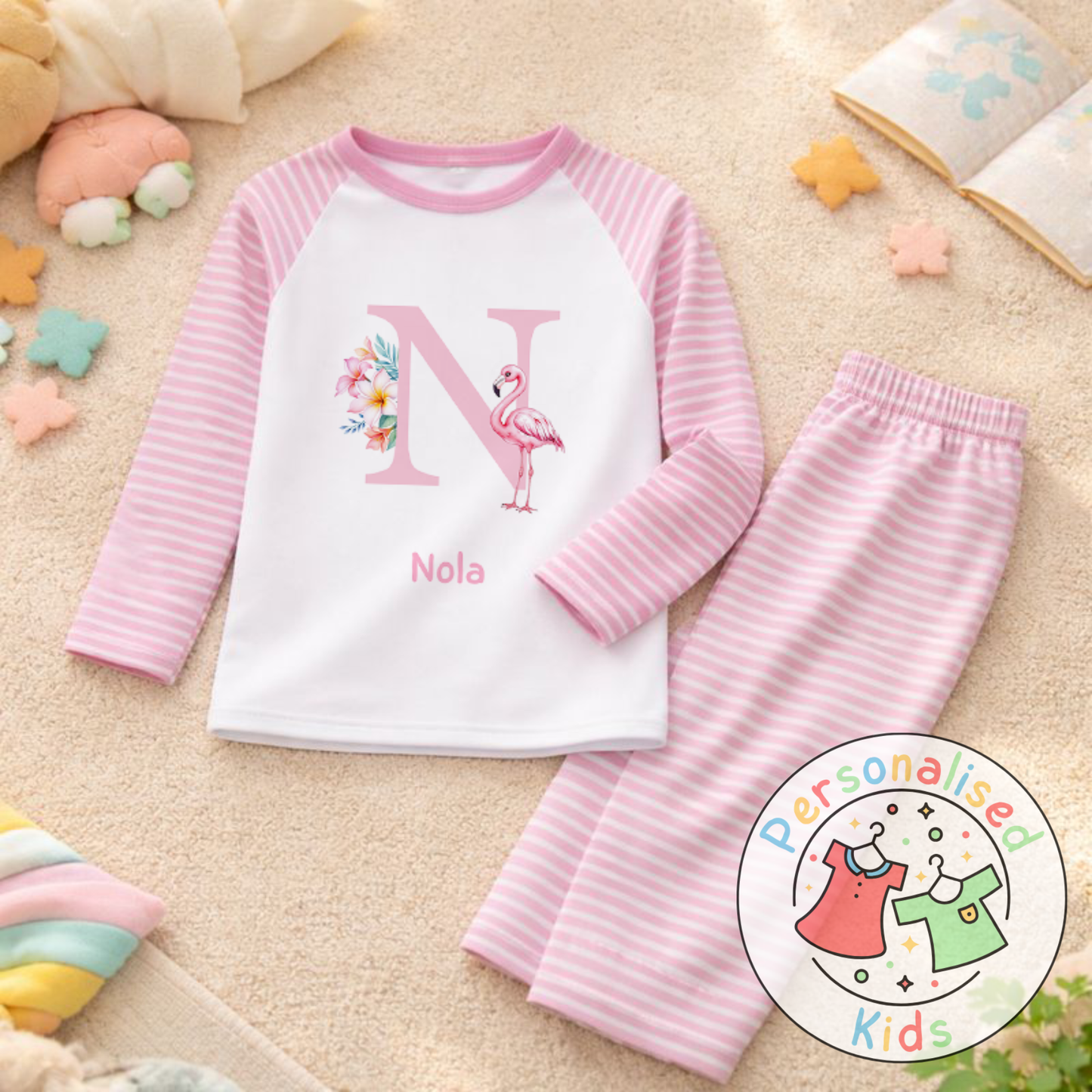 Personalised Pink Flamingo Kids Pyjamas PF002
