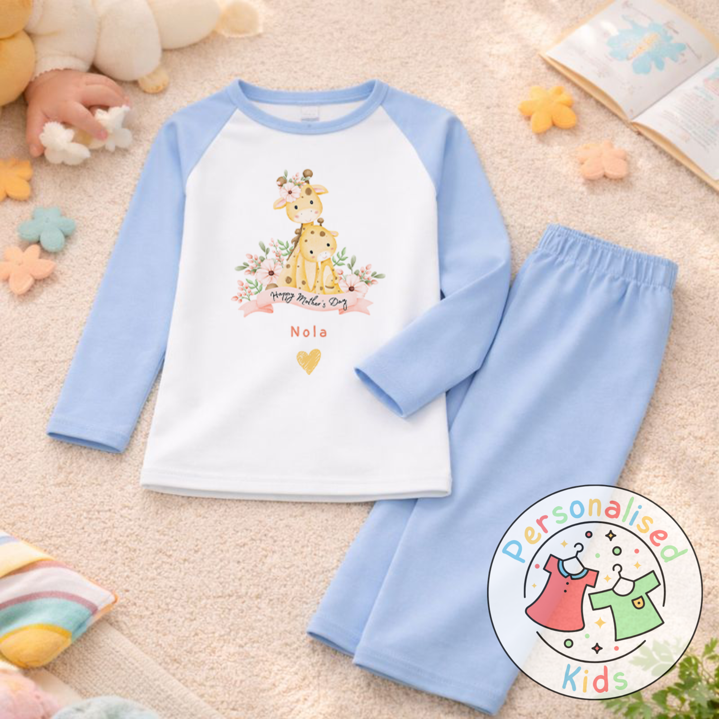 Personalised Mother’s Day Kids Pyjamas | Cute Giraffe Design | Custom Name MD004