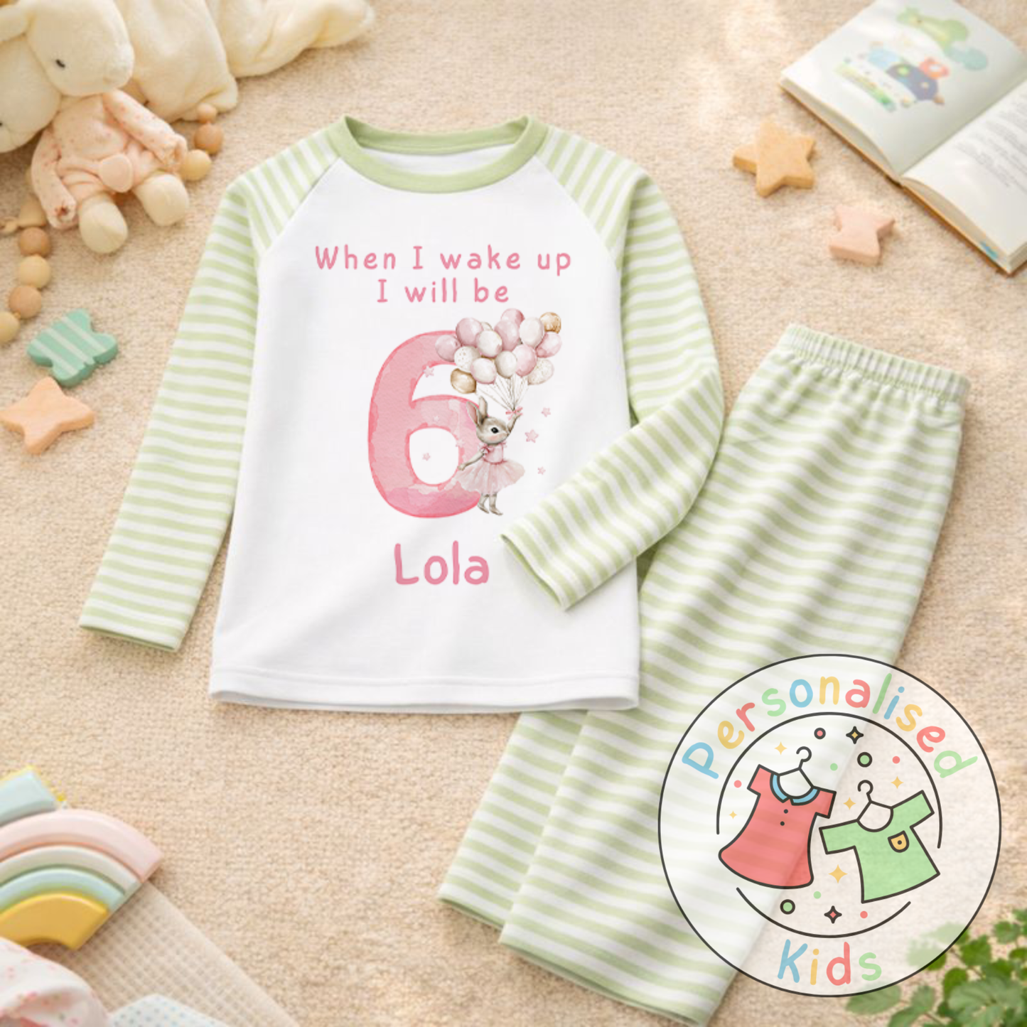 Personalised "When I Wake Up, I Will Be" Pink Floppy Rabbit Birthday Pyjamas – Custom Age & Name
