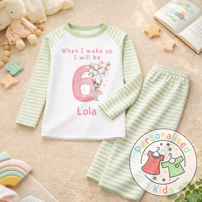 Personalised "When I Wake Up, I Will Be" Pink Floppy Rabbit Birthday Pyjamas – Custom Age & Name