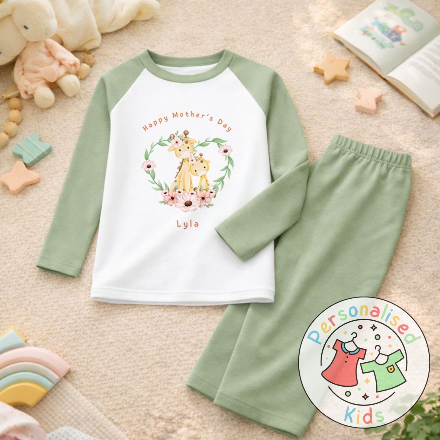 Personalised Mother’s Day Kids Pyjamas – Floral Giraffe | Custom Name | MD005