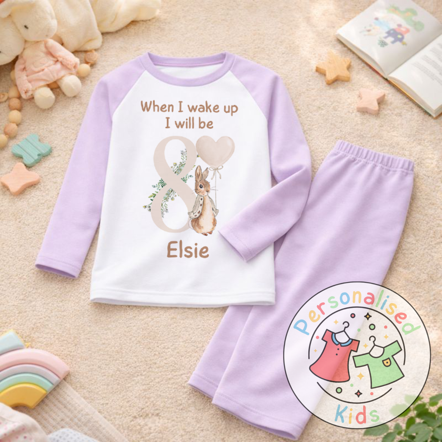Personalised Neutral Floppy Rabbit Birthday Pyjamas