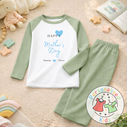 Personalised Mother’s Day Kids Pyjamas | Blue Heart Design | Custom Names MD002