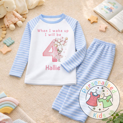 Personalised "When I Wake Up, I Will Be" Pink Floppy Rabbit Birthday Pyjamas – Custom Age & Name