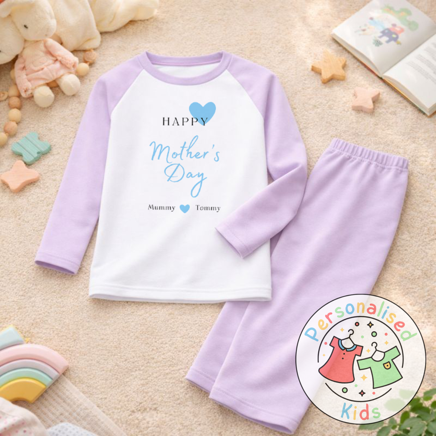 Personalised Mother’s Day Kids Pyjamas | Blue Heart Design | Custom Names MD002