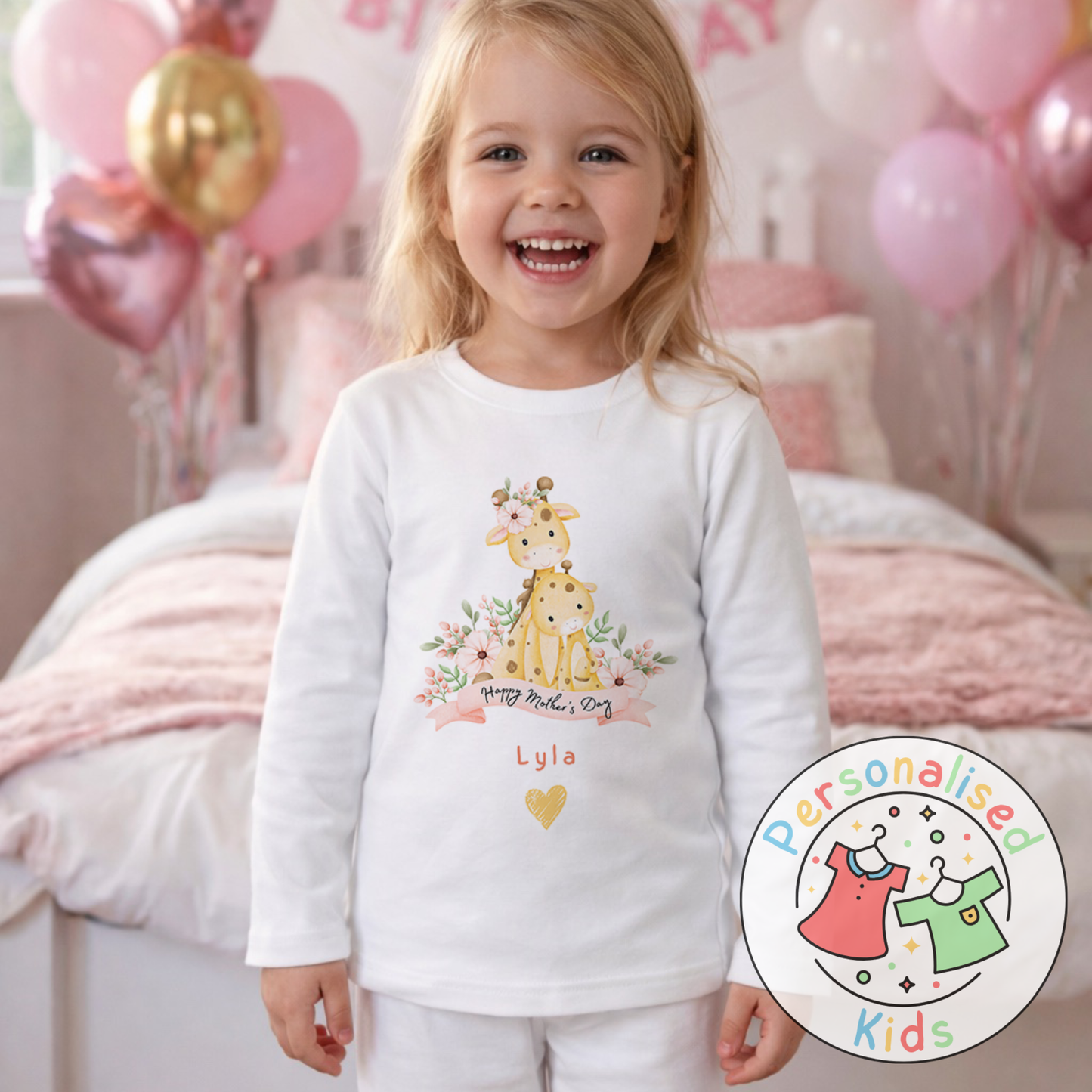 Personalised Mother’s Day Kids Pyjamas | Cute Giraffe Design | Custom Name MD004