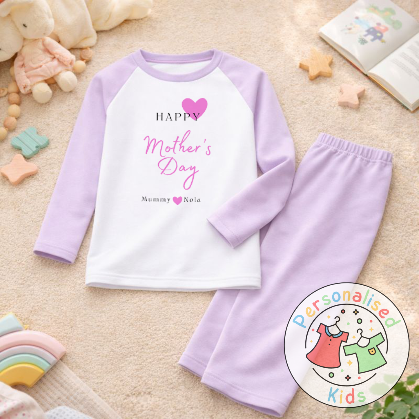 Personalised Mother’s Day Kids Pyjamas | Pink Heart Design | Custom Names MD003