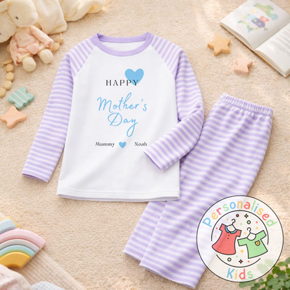 Personalised Mother’s Day Kids Pyjamas | Blue Heart Design | Custom Names MD002