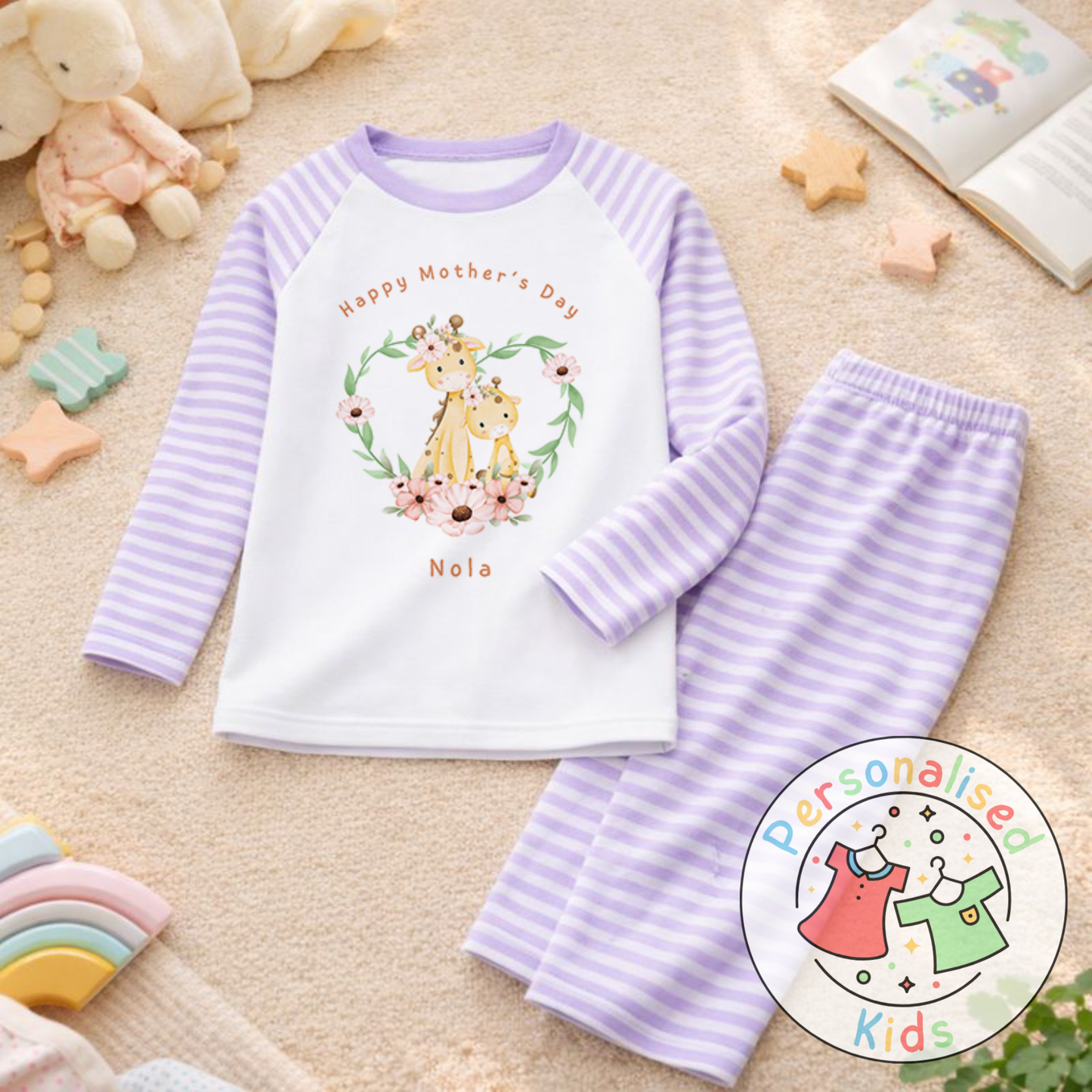 Personalised Mother’s Day Kids Pyjamas – Floral Giraffe | Custom Name | MD005