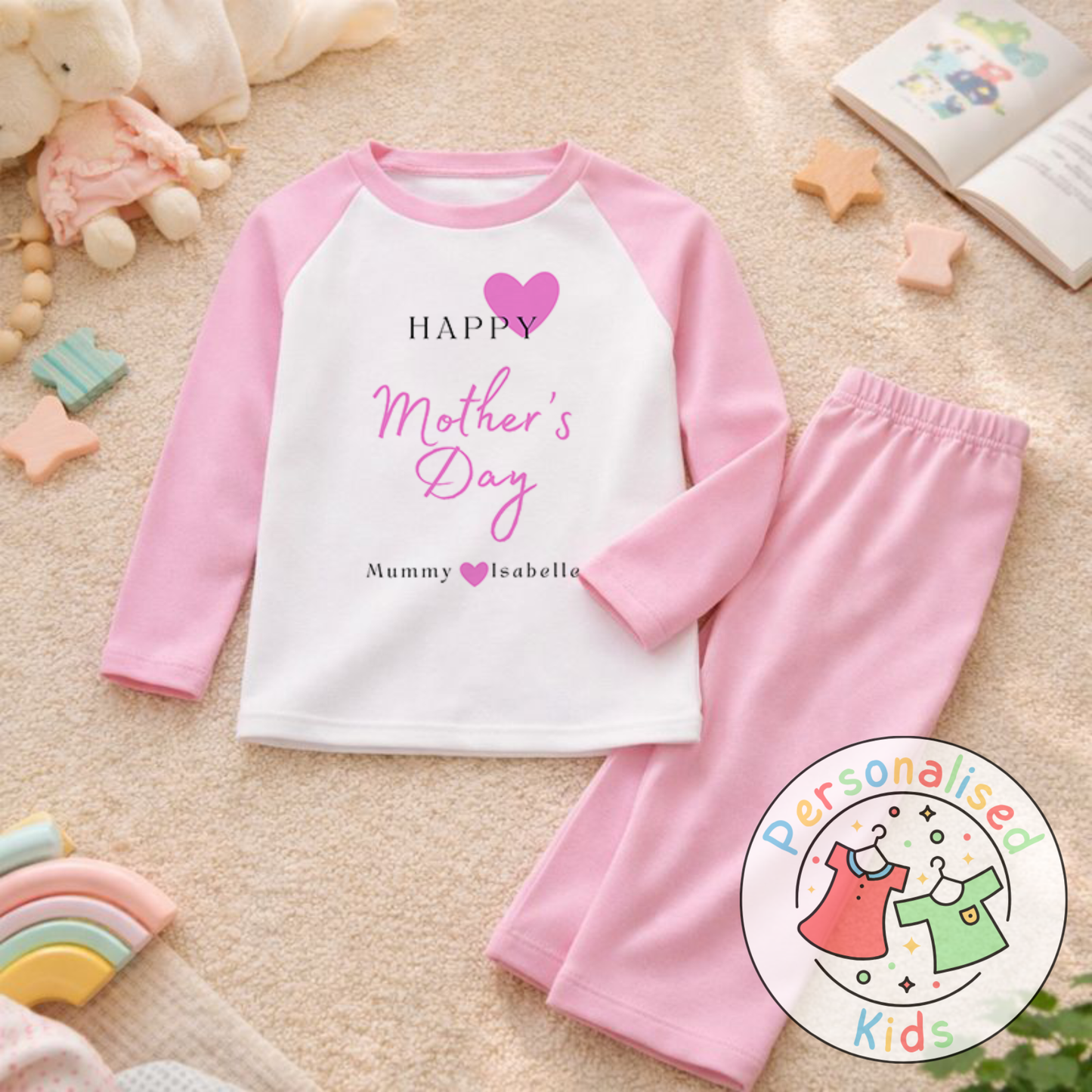 Personalised Mother’s Day Kids Pyjamas | Pink Heart Design | Custom Names MD003