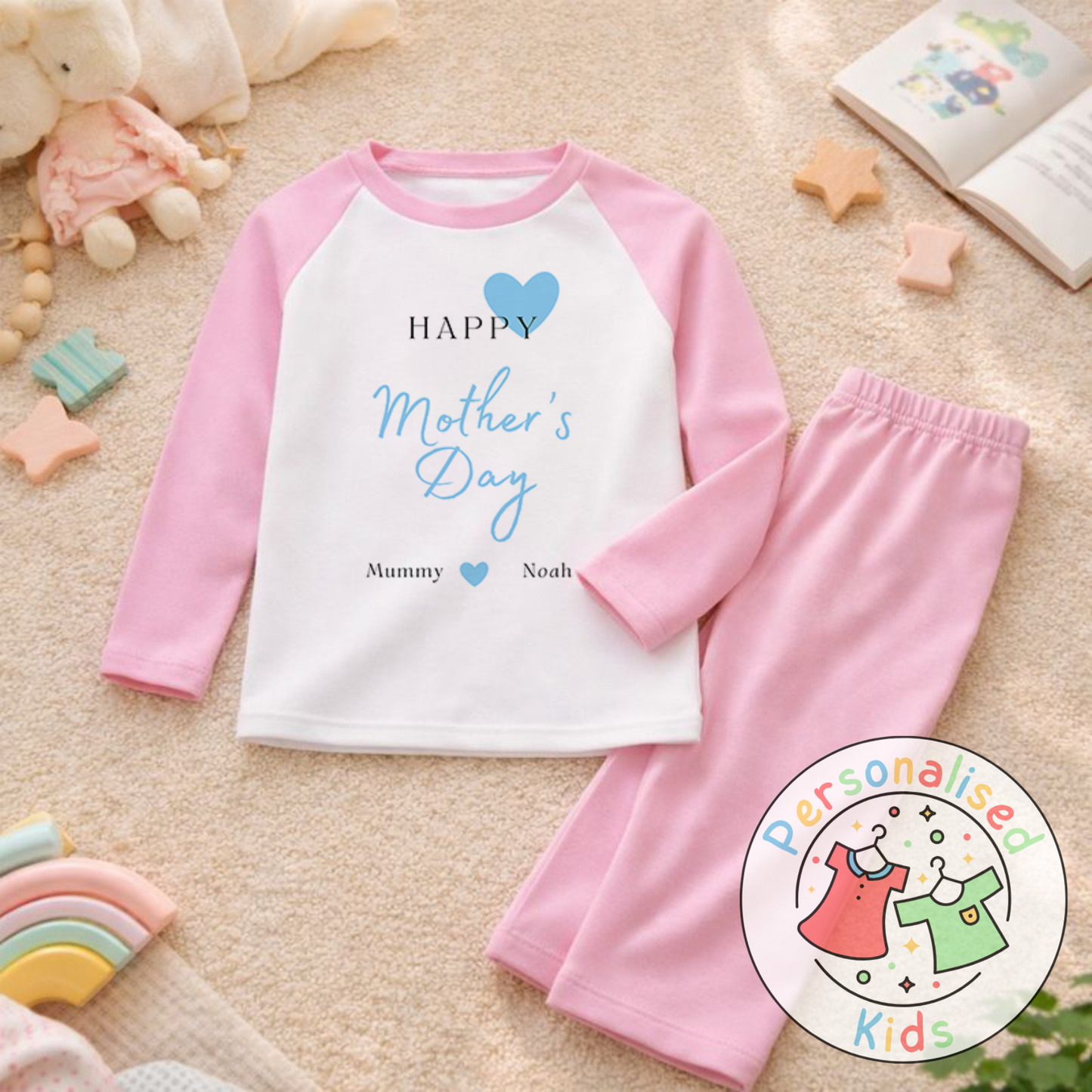 Personalised Mother’s Day Kids Pyjamas | Blue Heart Design | Custom Names MD002