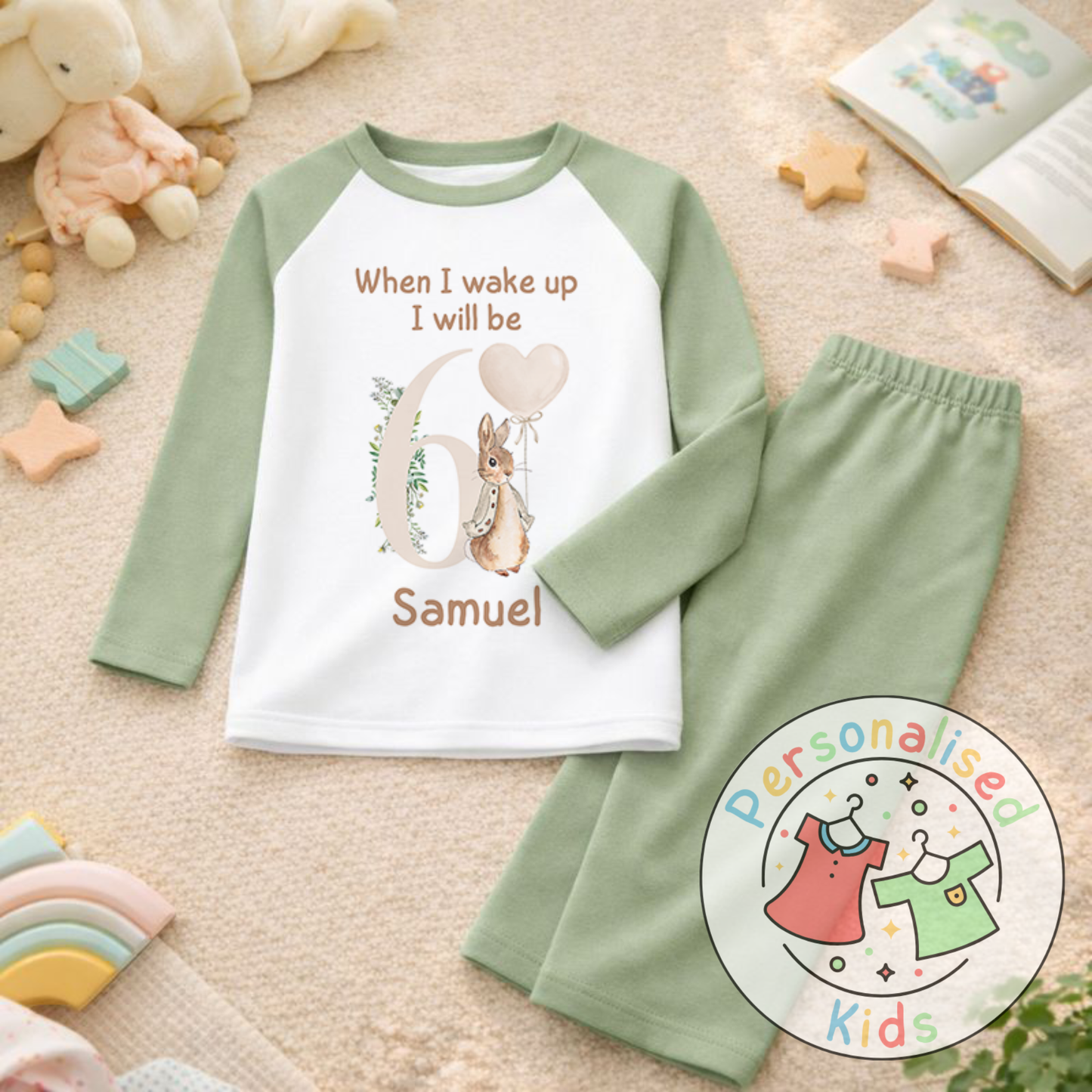 Personalised Neutral Floppy Rabbit Birthday Pyjamas