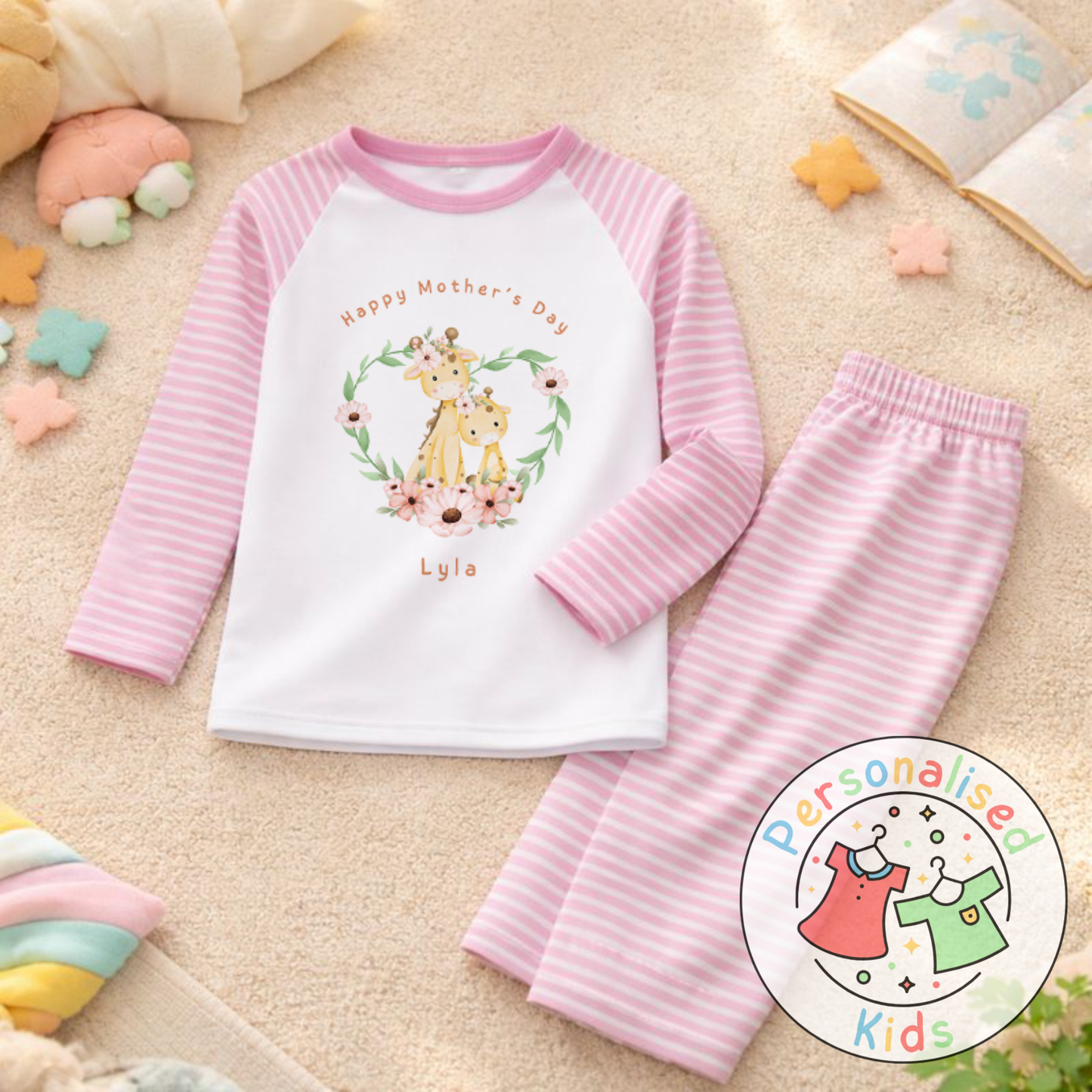 Personalised Mother’s Day Kids Pyjamas – Floral Giraffe | Custom Name | MD005