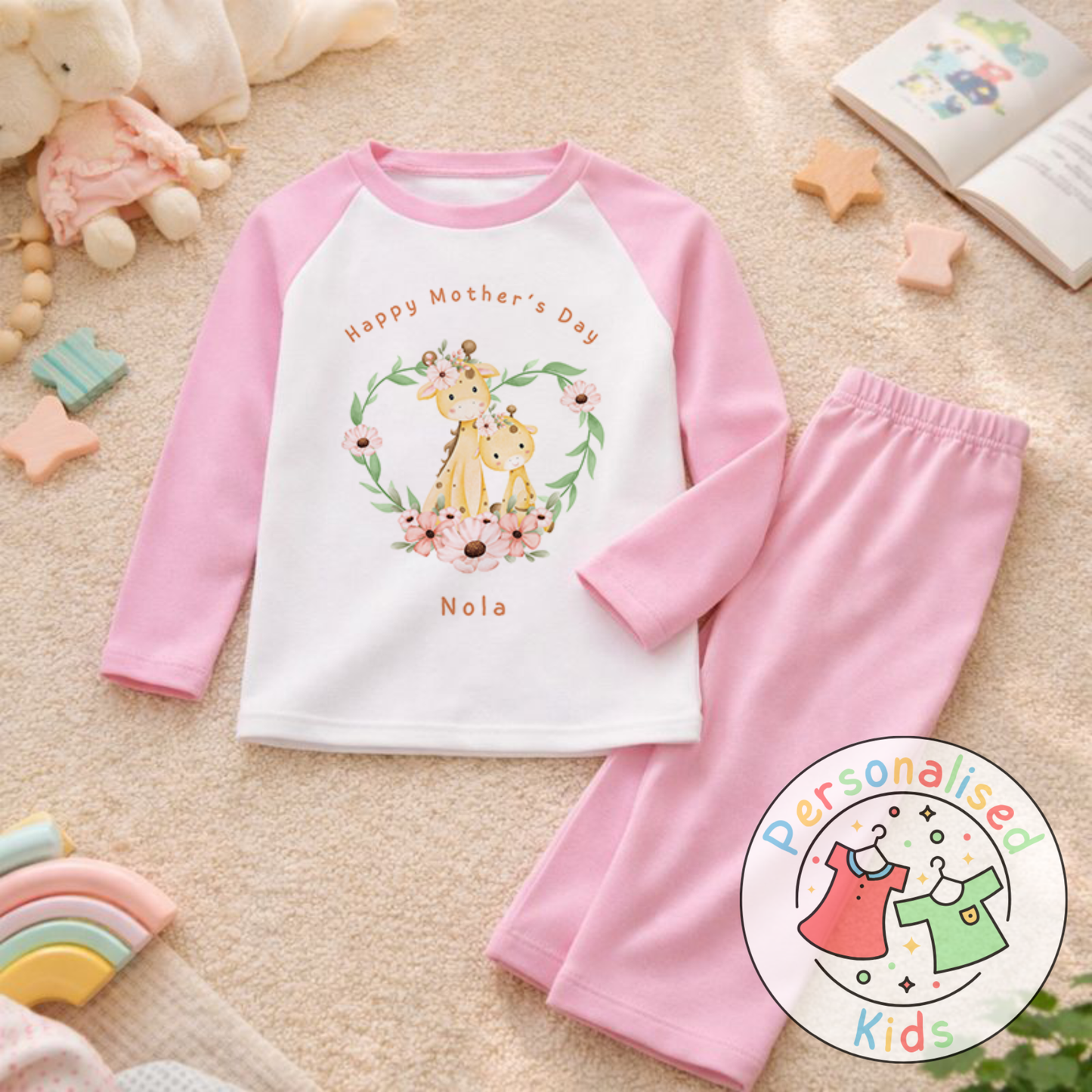 Personalised Mother’s Day Kids Pyjamas – Floral Giraffe | Custom Name | MD005