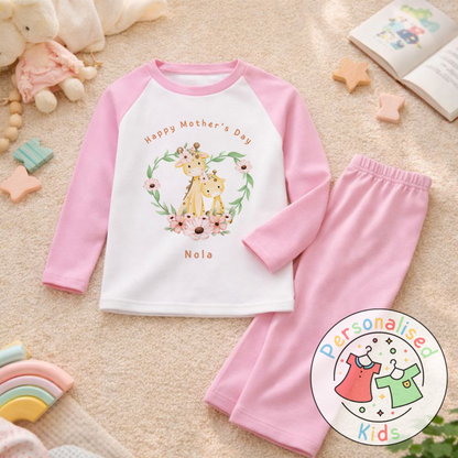 Personalised Mother’s Day Kids Pyjamas – Floral Giraffe | Custom Name | MD005