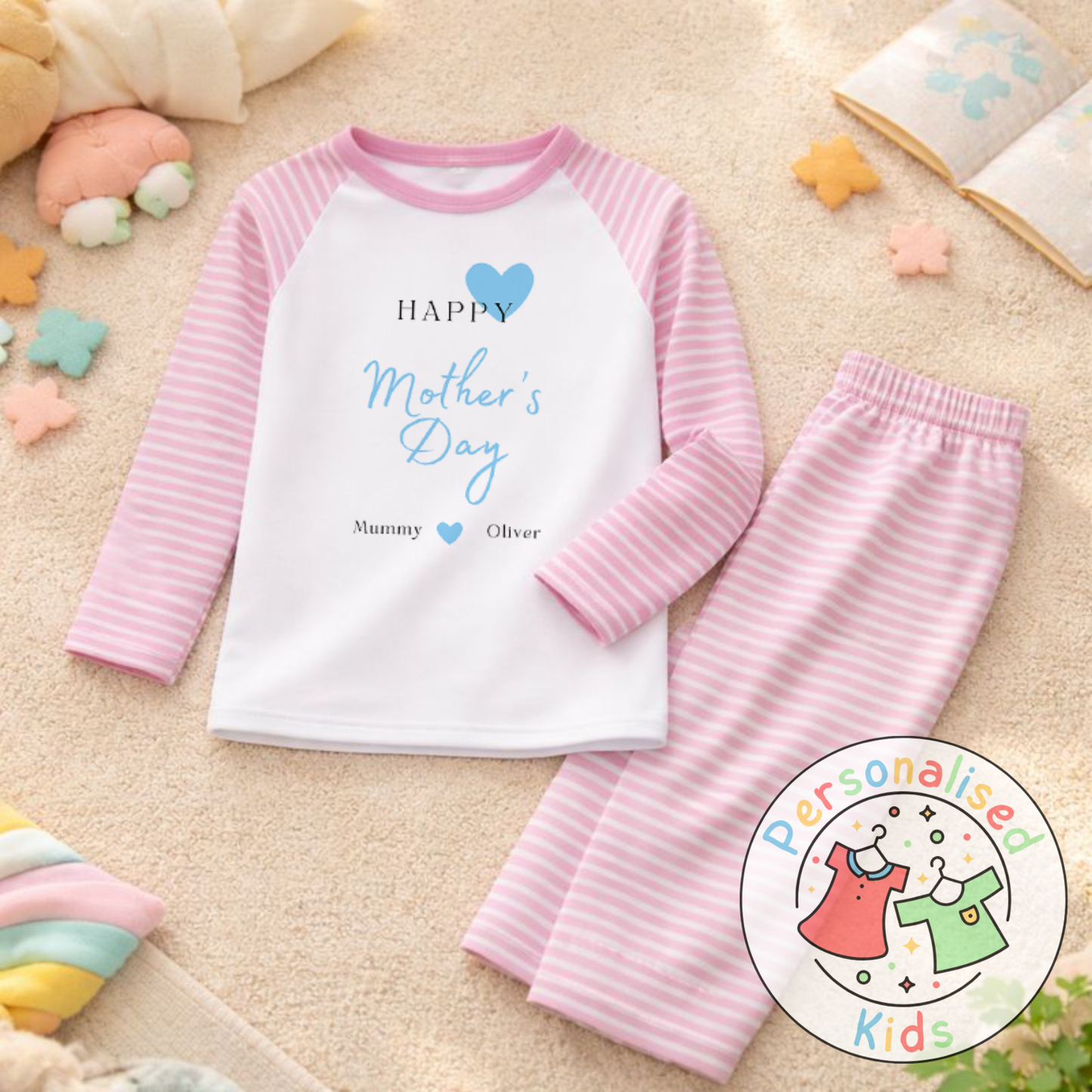 Personalised Mother’s Day Kids Pyjamas | Blue Heart Design | Custom Names MD002