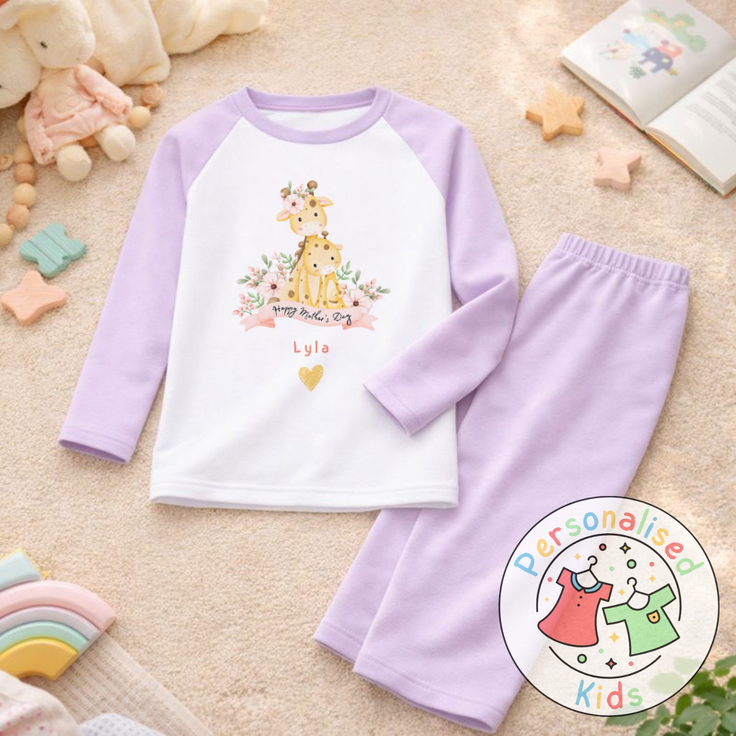 Personalised Mother’s Day Kids Pyjamas | Cute Giraffe Design | Custom Name MD004