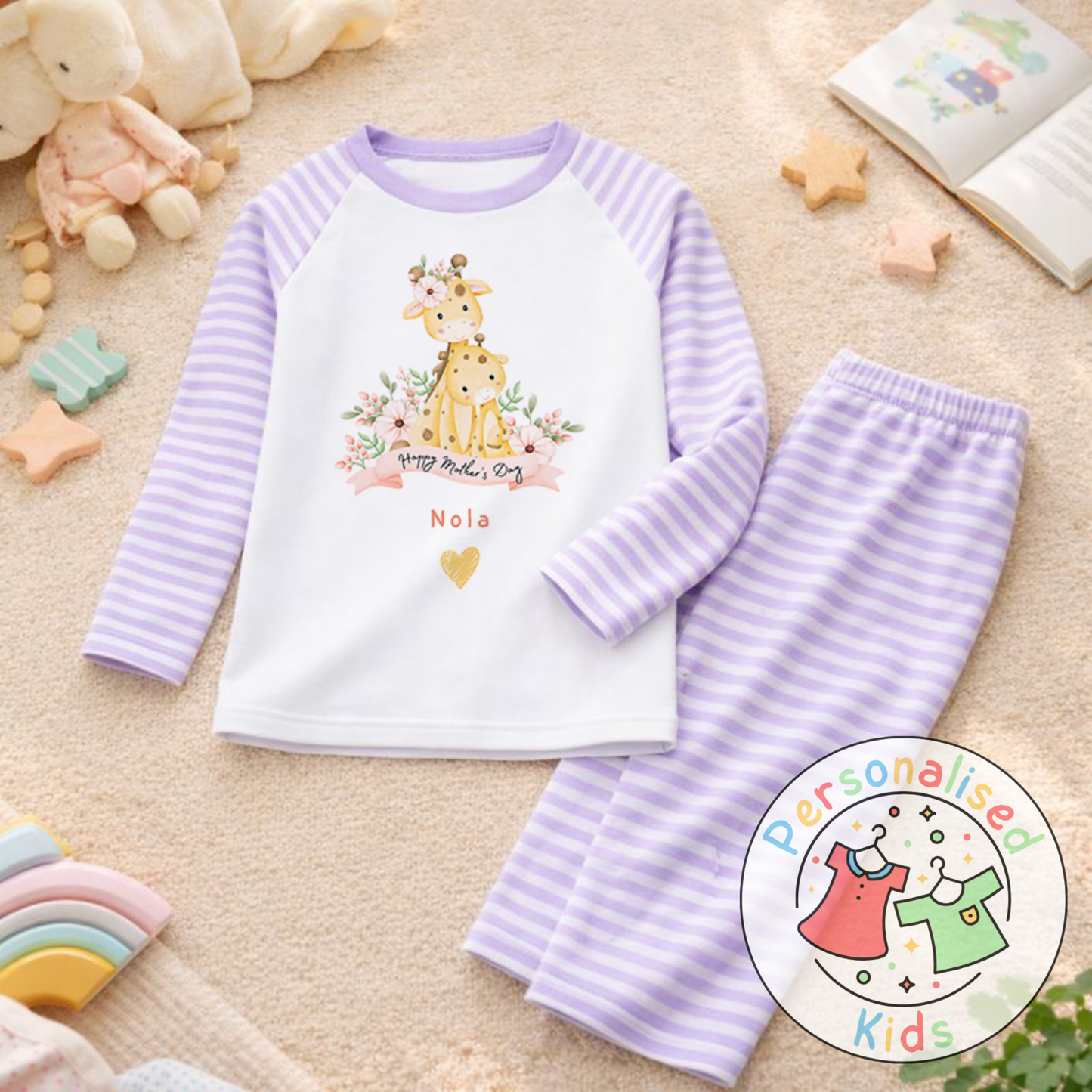 Personalised Mother’s Day Kids Pyjamas | Cute Giraffe Design | Custom Name MD004