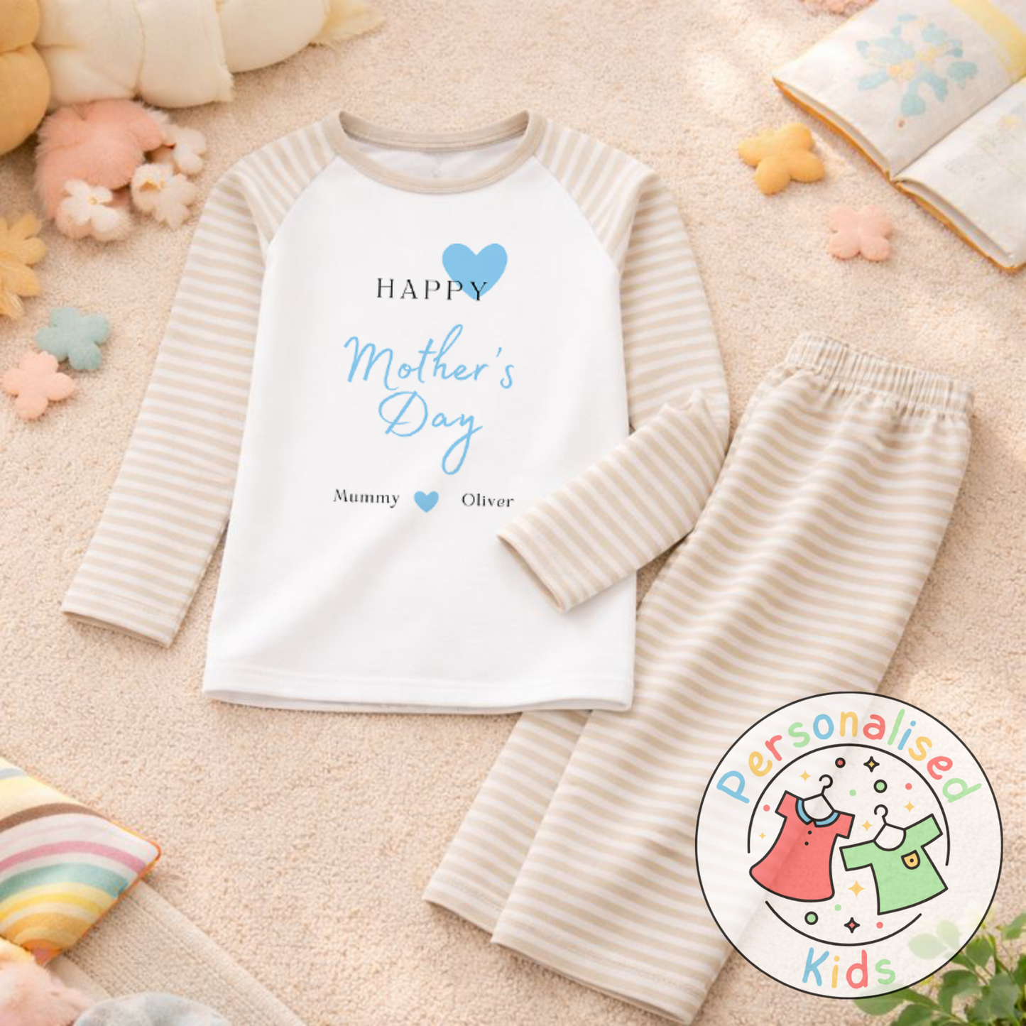 Personalised Mother’s Day Kids Pyjamas | Blue Heart Design | Custom Names MD002
