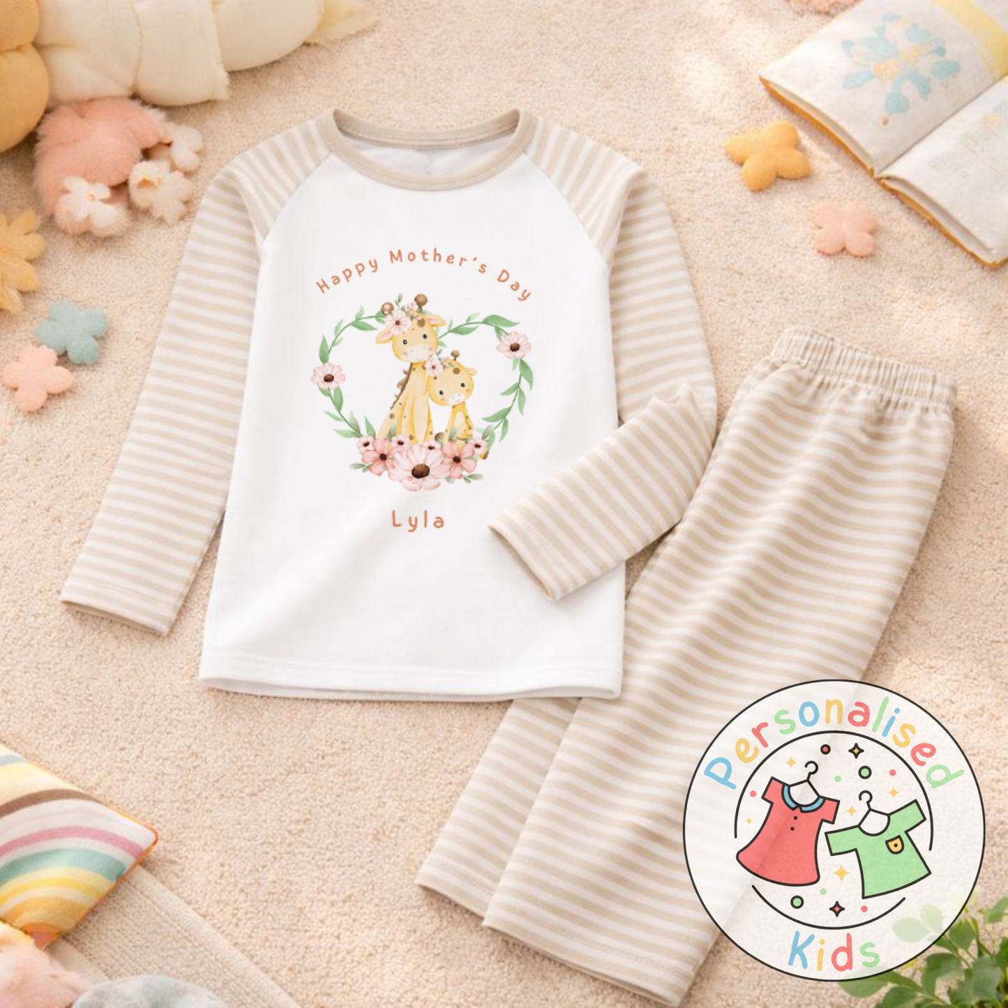 Personalised Mother’s Day Kids Pyjamas – Floral Giraffe | Custom Name | MD005