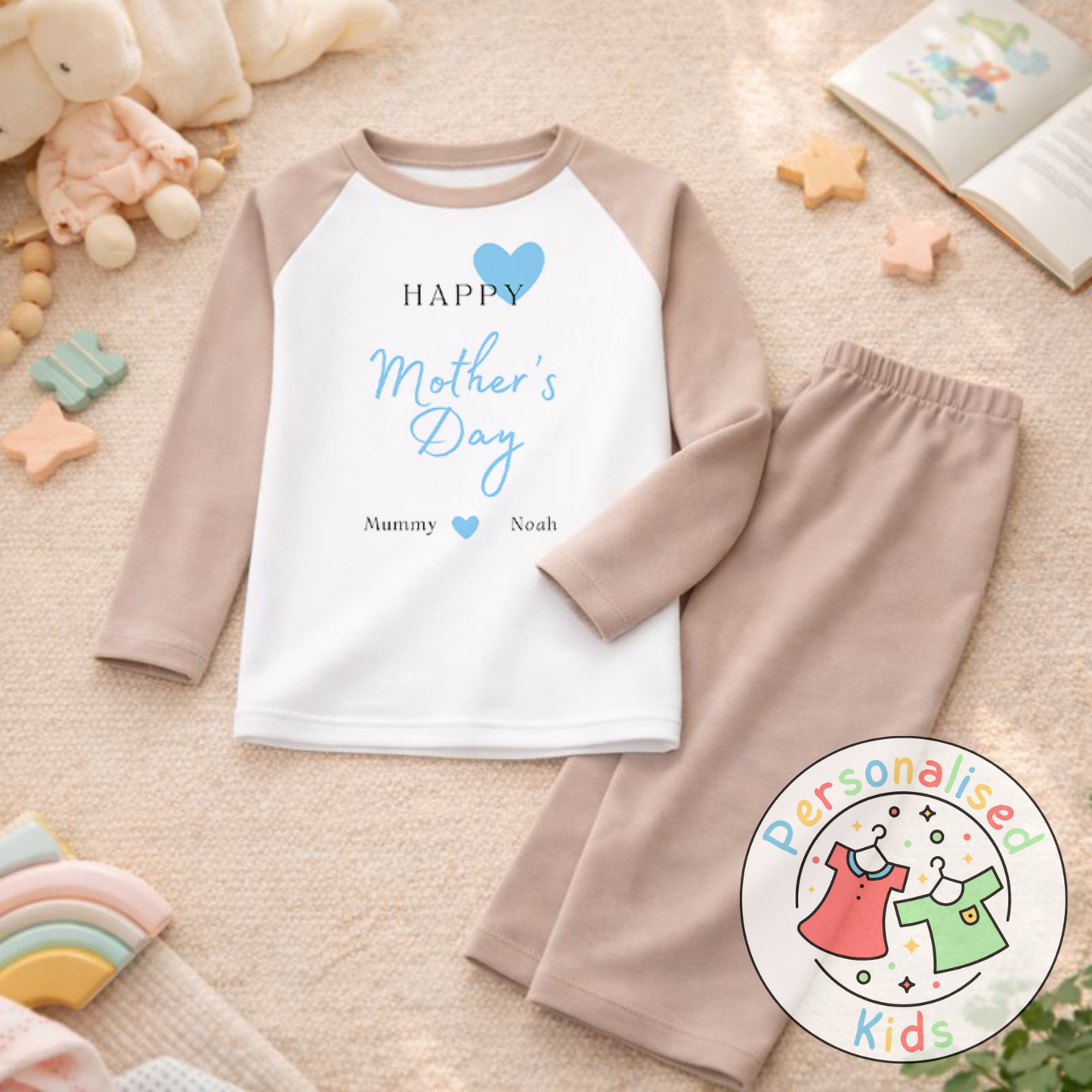 Personalised Mother’s Day Kids Pyjamas | Blue Heart Design | Custom Names MD002