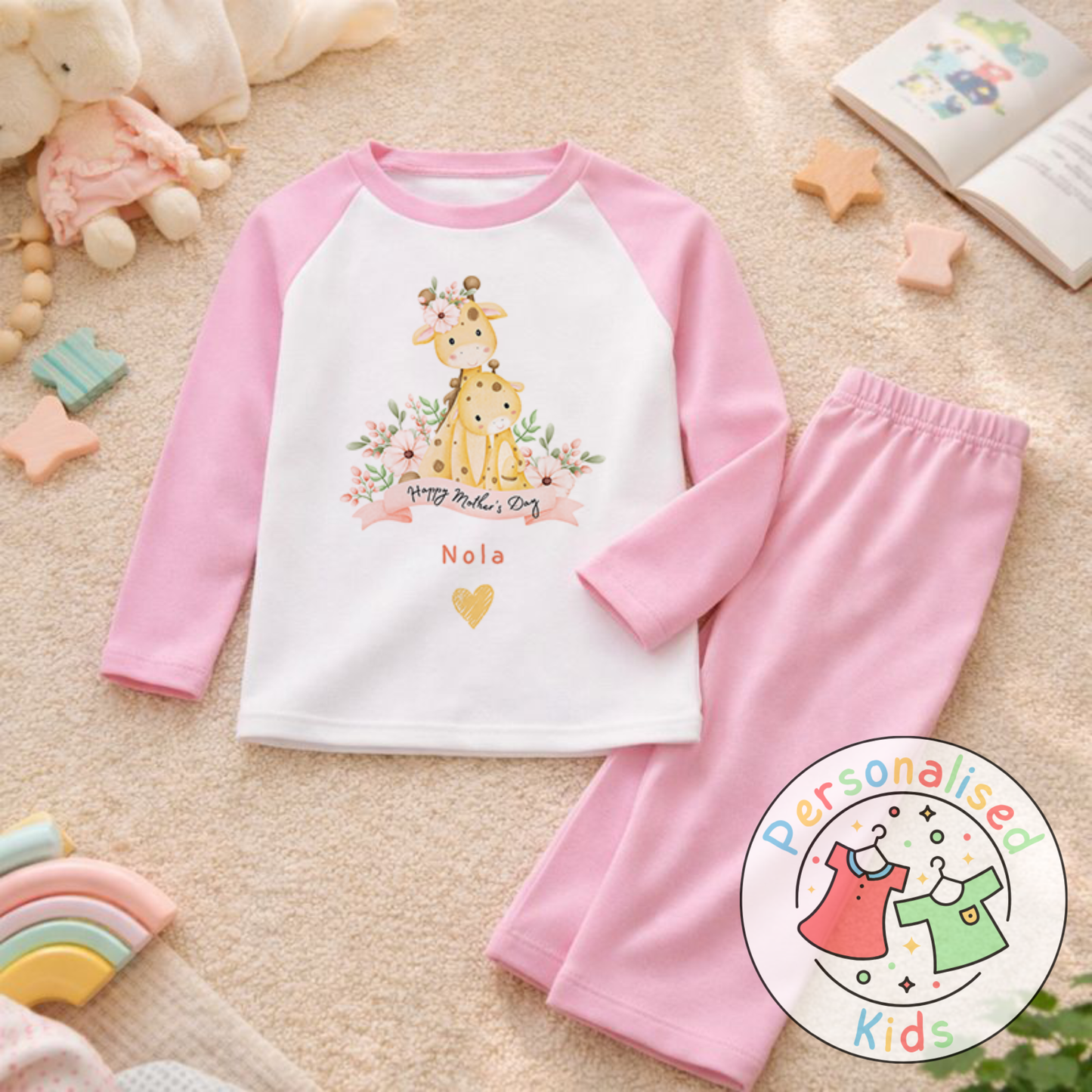 Personalised Mother’s Day Kids Pyjamas | Cute Giraffe Design | Custom Name MD004