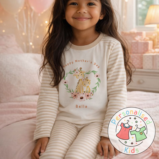 Personalised Mother’s Day Kids Pyjamas – Floral Giraffe | Custom Name | MD005