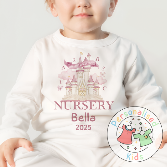 Personalised “When I Wake Up I Will Be Starting” Pyjamas – Fairy Castle & School Theme