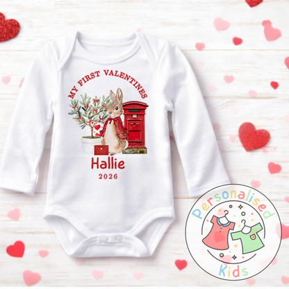 Personalised “My First Valentines” Baby Grow, T-Shirt, Long-Sleeved Bodysuit and Romper V021