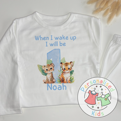 Personalized Safari Animal Birthday Pyjamas – Cute & Comfy for Your Little Explorer! BLUE NUMBER