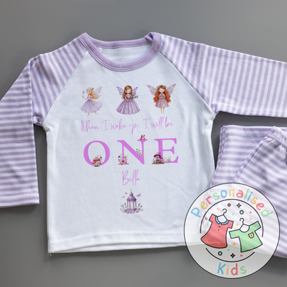 Personalised Fairy Birthday Pyjamas – “When I Wake Up, I Will Be” Design - purple words