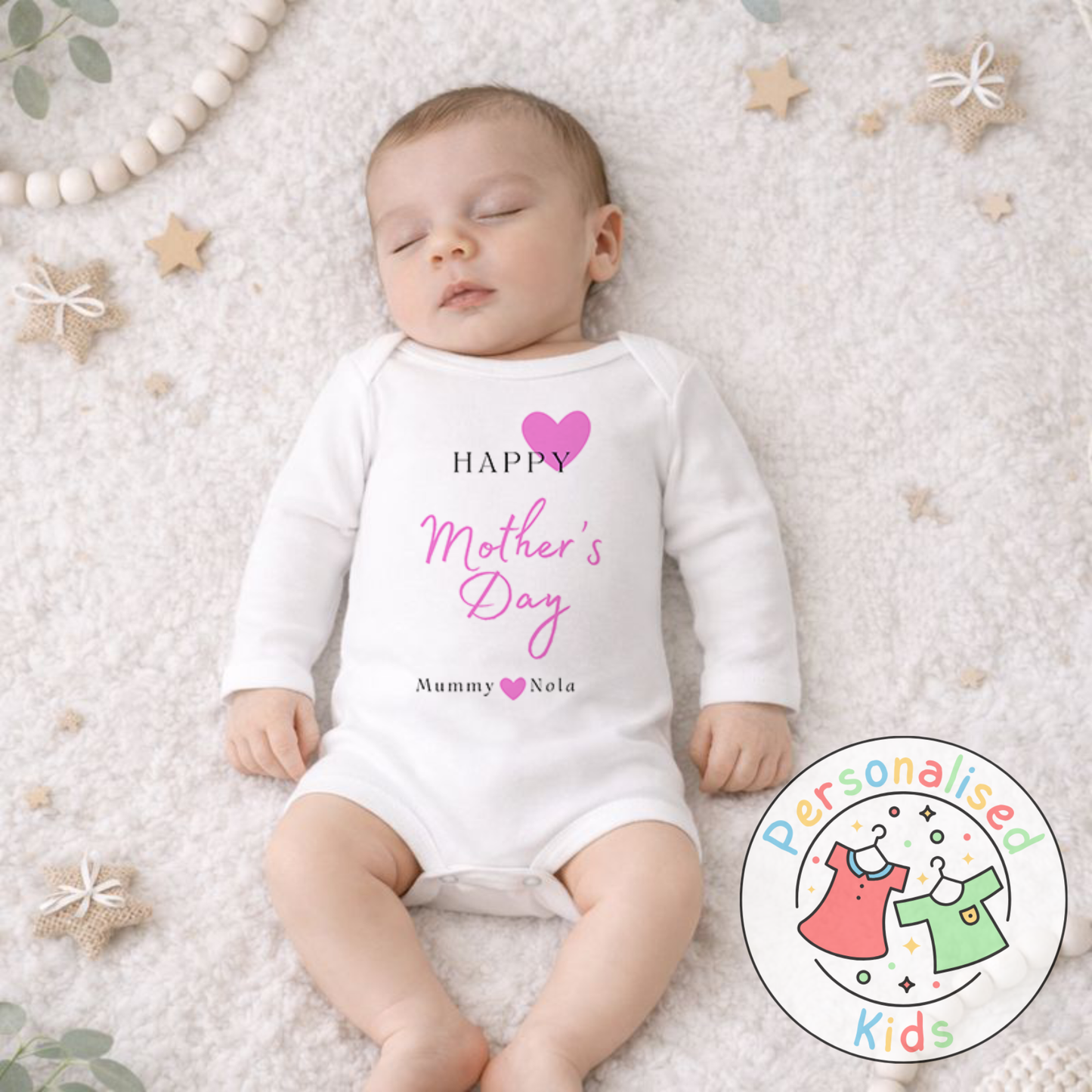 Personalised Mother’s Day Baby Outfit | Pink Heart Design | Baby Grow, Long Sleeve or Romper MD003
