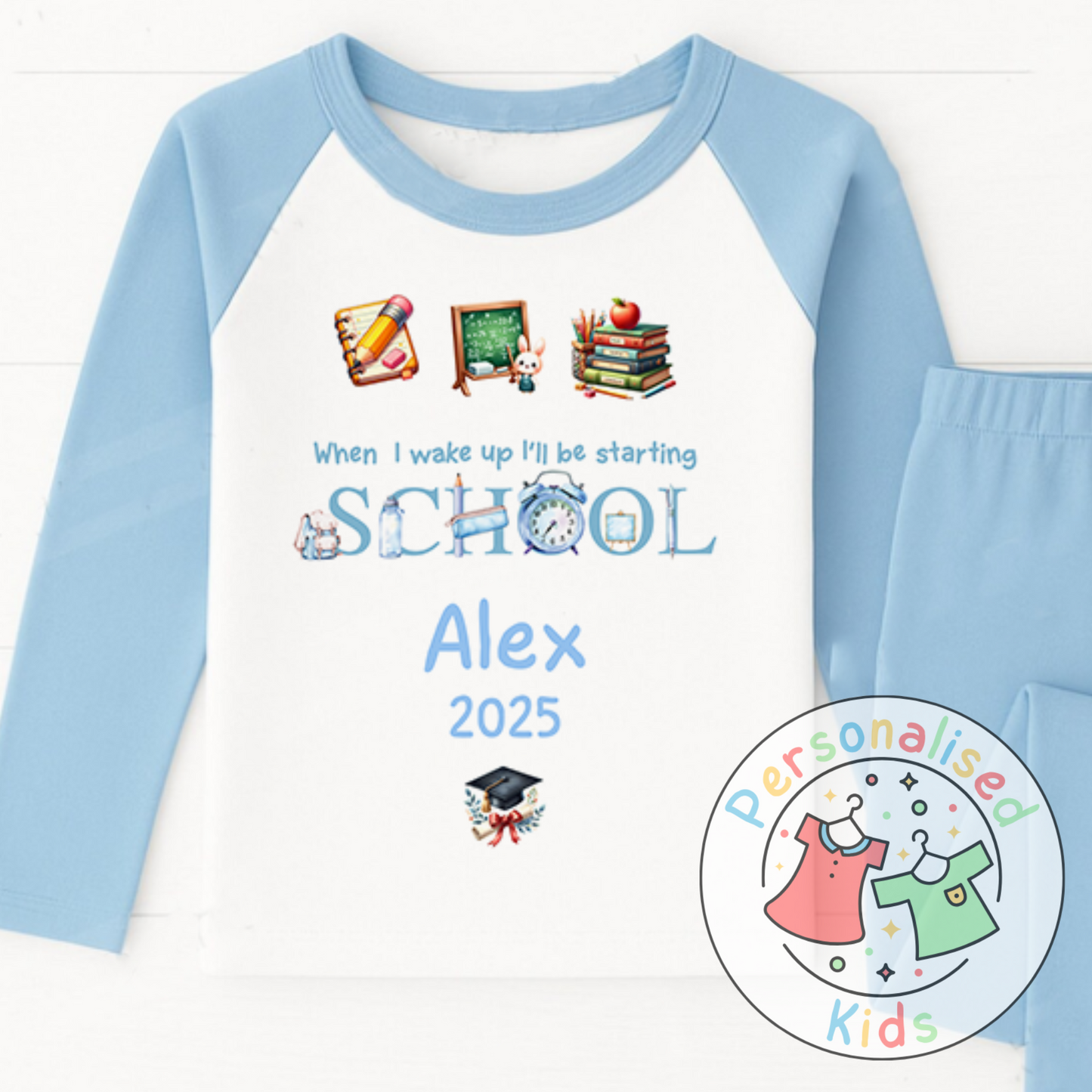 Personalised “When I Wake Up I Will Be Starting School” Pyjamas – Blue Stationery Theme