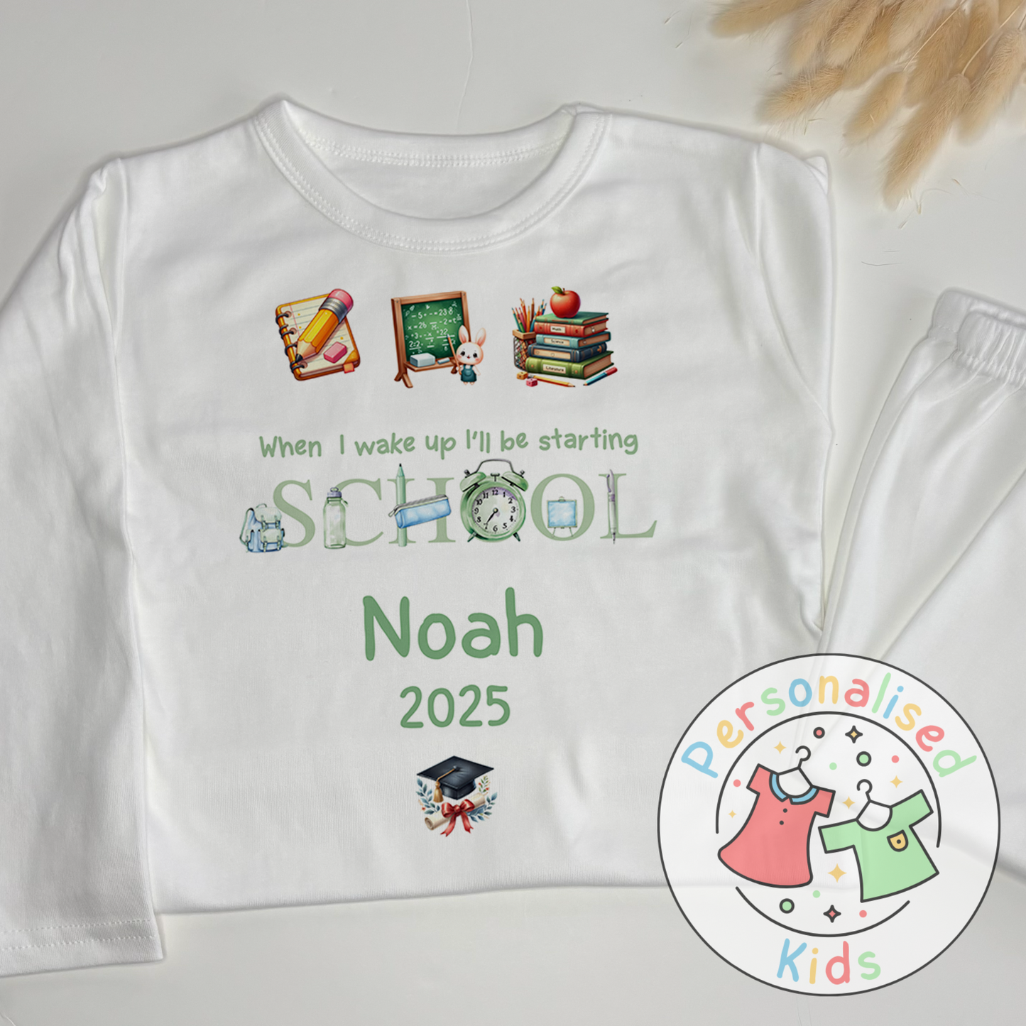 Personalised “When I Wake Up I Will Be Starting School” Pyjamas – Green Stationery Theme