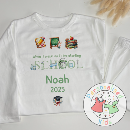 Personalised “When I Wake Up I Will Be Starting School” Pyjamas – Green Stationery Theme