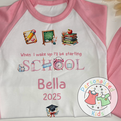 Personalised “When I Wake Up I Will Be Starting School” Pyjamas – Pink Stationery Theme
