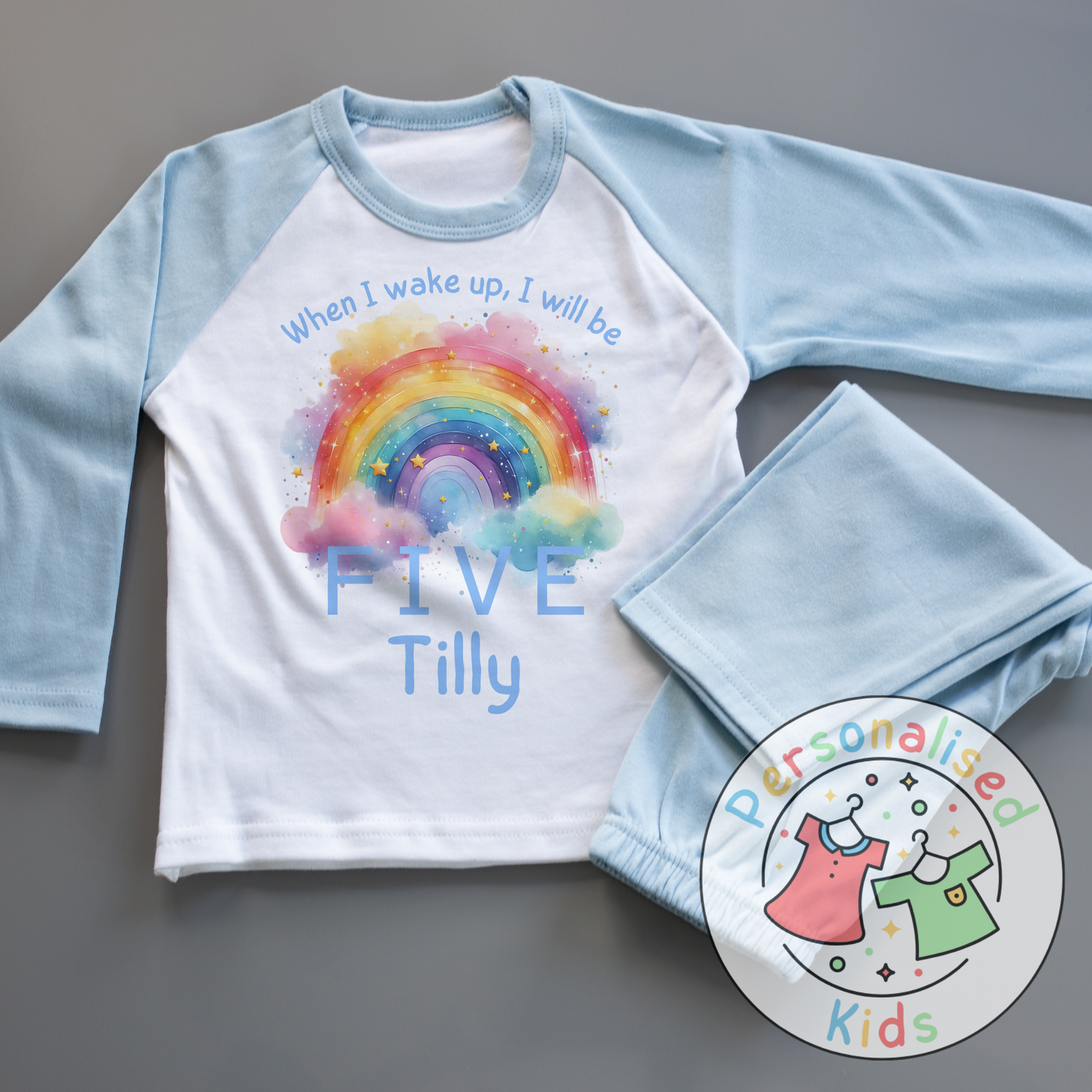 🌈 Personalised Colorful Rainbow "When I Wake Up I Will Be" Birthday Pyjamas – Custom Age & Name 🌟