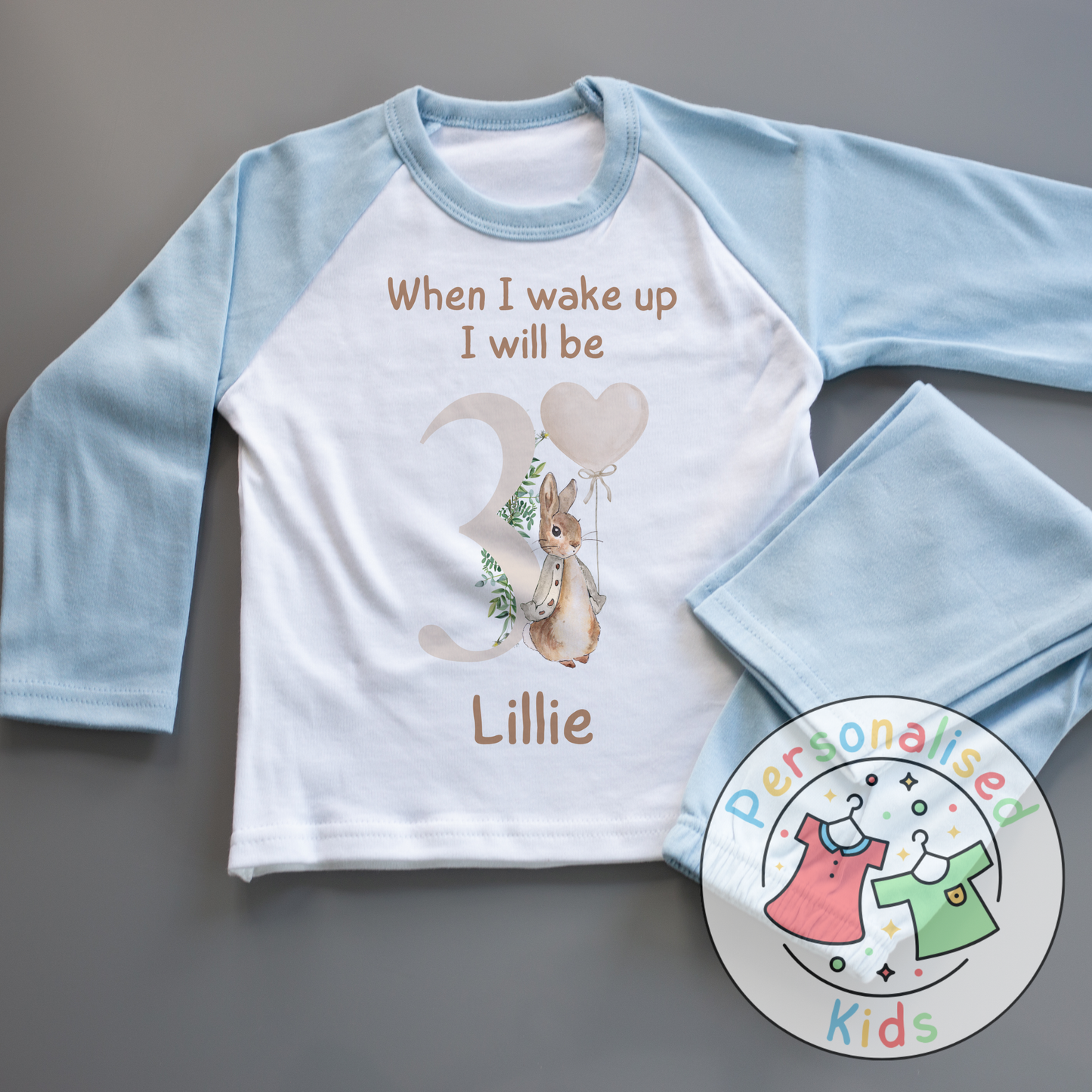 🐰 Personalised "When I Wake Up, I Will Be" Neutral Floppy Rabbit Birthday Pyjamas – Custom Age & Name 🎈