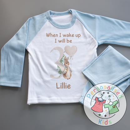 🐰 Personalised "When I Wake Up, I Will Be" Neutral Floppy Rabbit Birthday Pyjamas – Custom Age & Name 🎈
